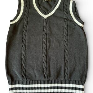 Cable Knit Sweater Vest V-Neck | Gray & Cream Stripe Hem